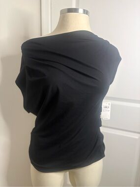 INC International Concepts Black One-Shoulder Draped Short Sleeve Top